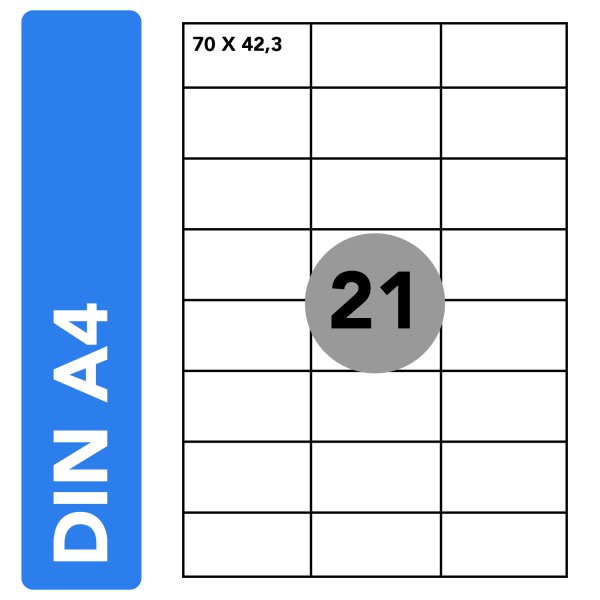 Etiketten DIN A4 Bögen 70 × 42,3 mm - Selbstklebend permanent haftend, 100 Blatt 2100 Etiketten