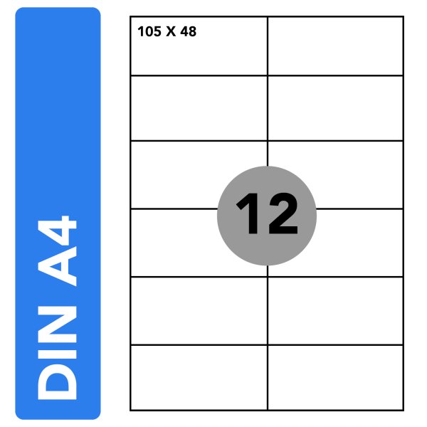 Etiketten DIN A4 Bögen 105 × 48 mm - Selbstklebend permanent haftend, 100 Blatt 1200 Etiketten