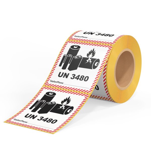 Selbstklebendes Etikett Gefahrgutaufkleber 100 x 100 mm UN 3480  Lithium-Ionen-Batterien 500 Etiketten